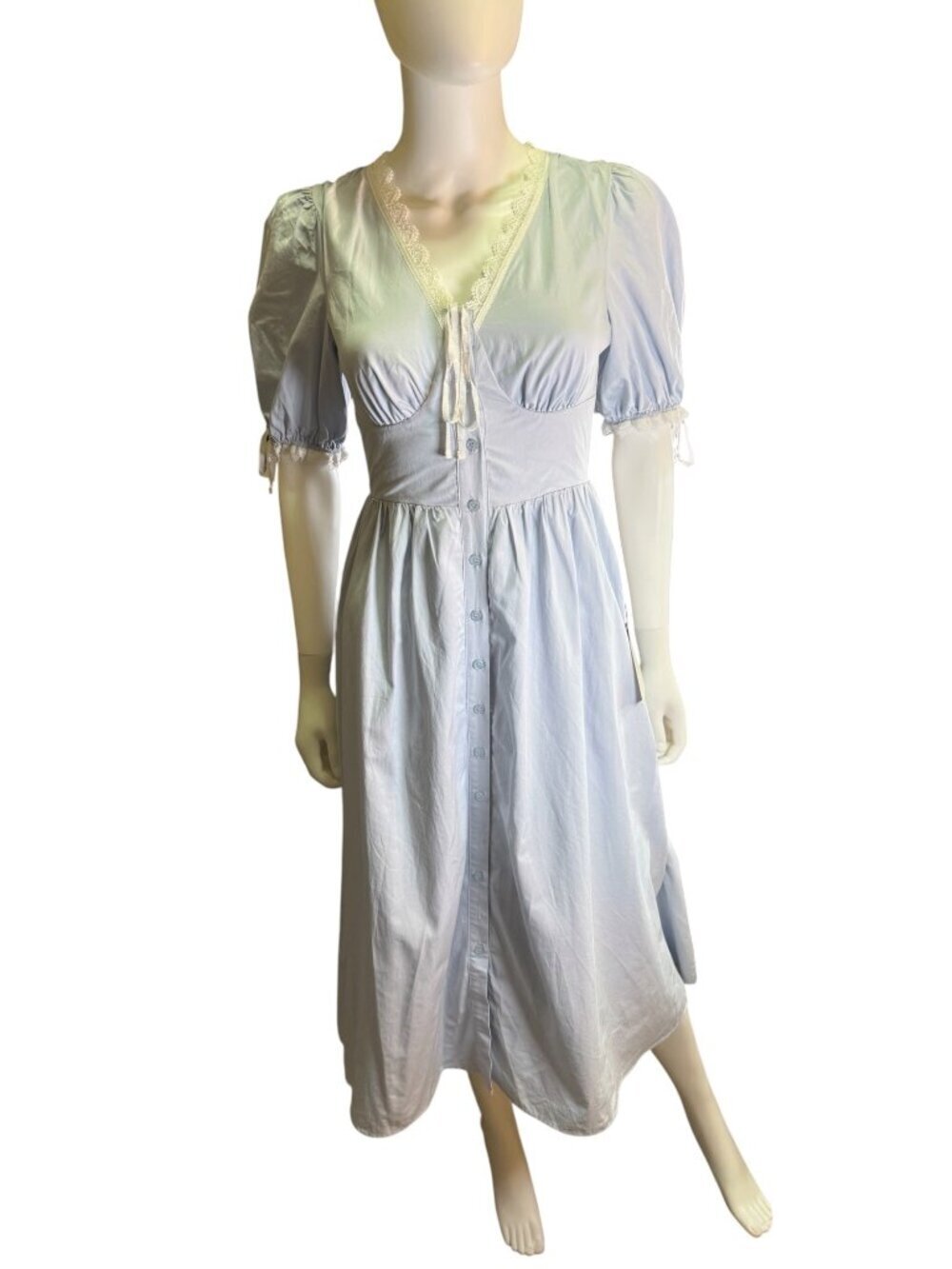 Böhme Blue Button-Front Midi Dress With Lace Trim & Puff Sleeves Spring XS NWT